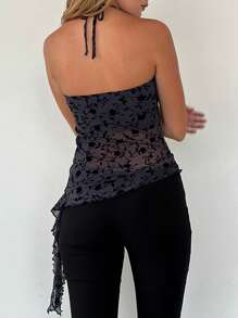 Women's Halter Tops Slim Fit See Through Sleeveless Backless Irregular Hem Flower Print Crop Tops For Summer - Black - View 4