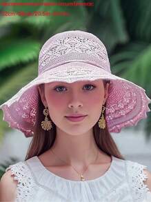 女式可折叠防水太阳帽，超大帽檐度假海滩草帽，条纹休闲波西米亚复古风格，涤纶，防晒，春夏