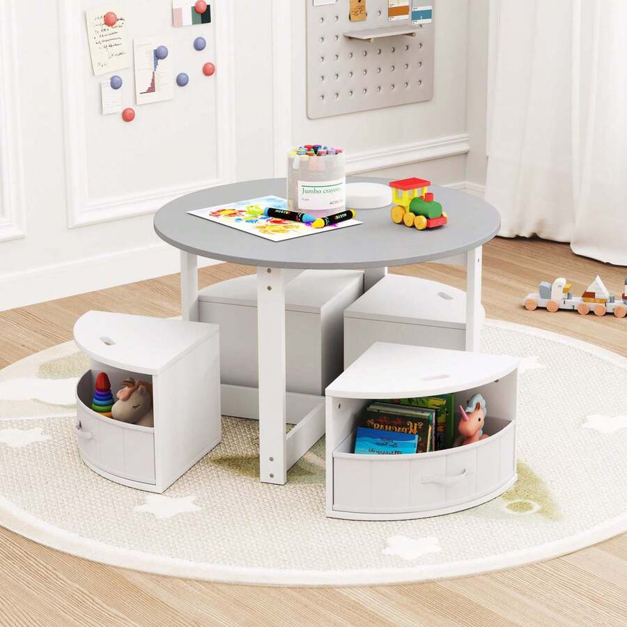 Lifezeal 5 Piece Kids Play Table And Chairs Set Round Nesting Table Toddler Furniture Gray/Natural - Grey - View 1