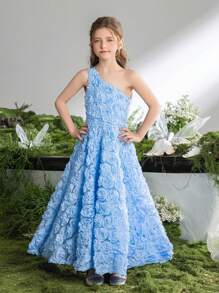 Tween Girl Sleeveless Backless 3D Floral Print Dress - Blue - View 6