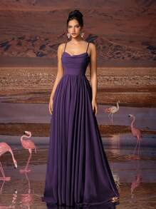 Vestido de noche elegante para mujer de gasa con tirantes finos en color púrpido sólido, adecuado para todas las ocasiones formales, gala, invitado de boda, festival de música, fiesta de vacaciones, baile de graduación, fiesta de cóctel, cita, vacaciones y vestido de dama de honor.