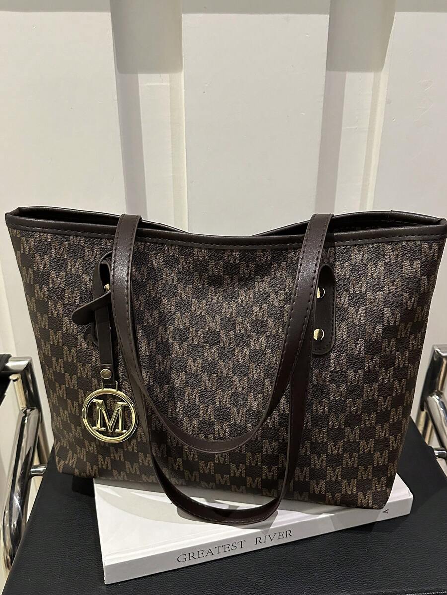 欧美跨境个性大容量字母极简印花手提包女新款菱格通勤单肩包 - 咖啡 - 查看 1