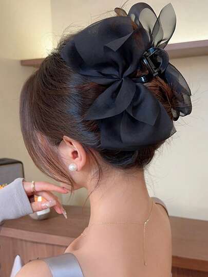 1pc Elegant Luxurious Fashion Delicate Black Bow Mesh Hair Clip, Suitable For Daily Wear Fashion Hair Accessories Beauty Claw Clips Elegant Hair Claw, Casual Fall Winter For Vacation Outfits Woman