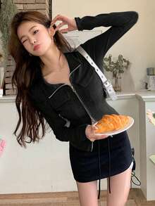 2025春夏韩版优雅翻领女士长袖拉链修身衬衫休闲黑色 - 黑色 - 查看 3