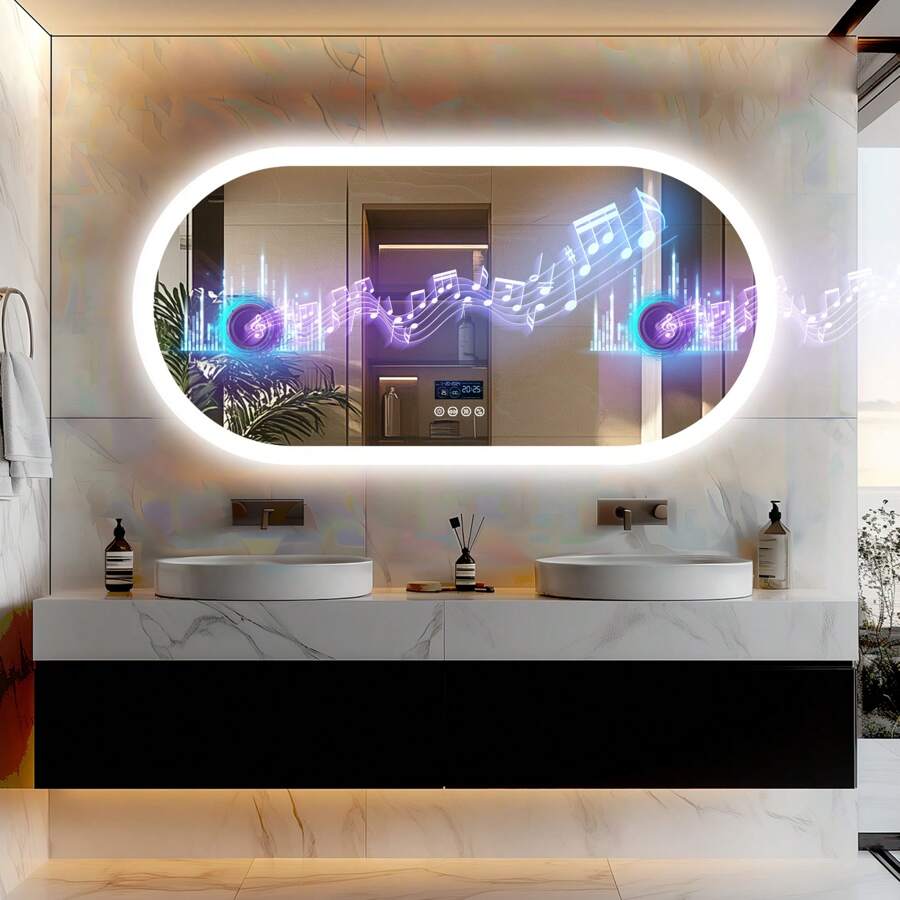 Smart Bathroom Mirror With LED Lights With Bluetooth Speakers Dimmable Anti-Fog - UK Plug(220-240V) - View 1