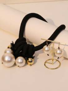 3pcs Set: Exaggerated Chunky Braided Faux Pearl Pendant Necklace And Earrings, Retro-Chic Layered Delicate Luxe Accessory Set, Suitable For Daily Wear And Occasions, Great Gift For Mom - Black - View 3