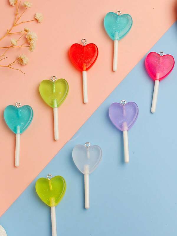 10pcs Y2K Sweet & Cool Resin Heart Lollipop Pendant, Candy Color Accessories, Valentine's Day Gift For Friends