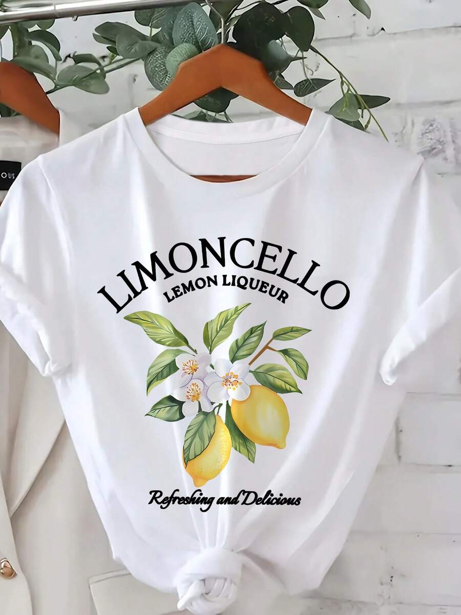Women's Summer Lemon Letter Print Casual Round Neck Short-Sleeved T-Shirt Tops Graphic Tees Women Summer Tops - White - View 1