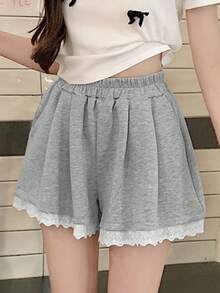 女士休闲裤带蕾丝边，高腰阔腿复古风格短裤，百搭修身，夏季新品 - 灰色 - 查看 3