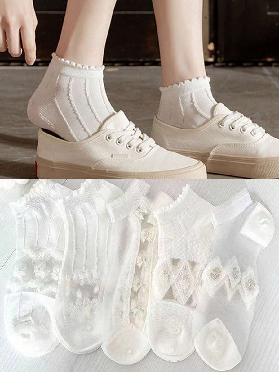5/10 Pairs Bow Pattern Ankle Invisable Socks Low Tube Casual Style With Patterns Cute And Graceful In Cream White Comfortable - Multicolor - View 1