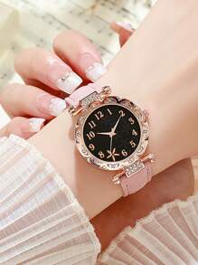 6 bucăți ceasuri rotunde cu cuarț - curea elegantă din piele PU, indicator din aliaj de zinc, cadran din aliaj de zinc și brățară bijuterii pentru femei