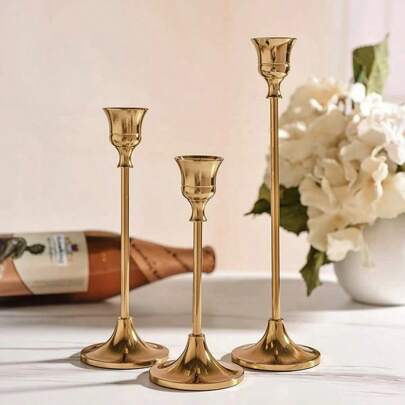Set de 3 candelabros de metal dorado vintage con pedestal alto, decoración moderna de soporte de velas para centro de mesa, para boda, fiesta o comedor