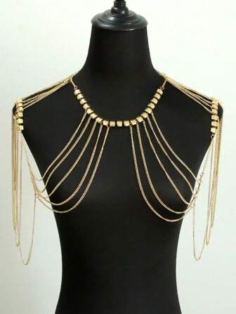 1pc Women Square Bun Shoulder Chain, Alloy Metal Tassel Sexy Personalized Body Chain Necklace