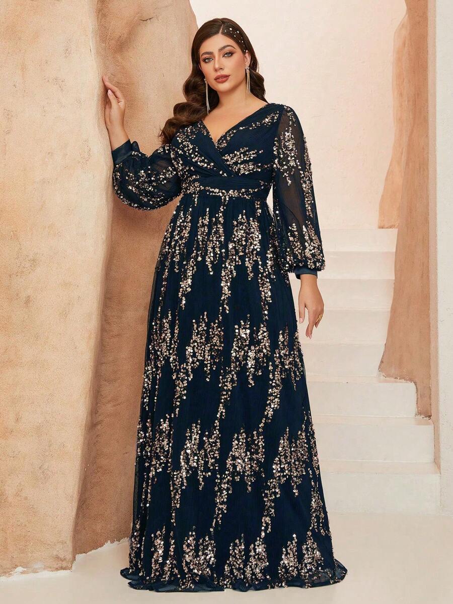Plus Size Mgiacy New Arrival V Neck Elegant Ball Dress Toothpick Pleat Lantern Sleeve Sequin Long Dress, Formal, Party Dress, Gown, For Evening, Wedding Guest - Royal Blue - View 1