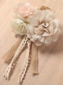 Elegant Baby Girl Romper, Sleeveless Square Neck Lace Hem Solid Color Flower Stitch Playsuit With Lace Skirt - 米色 - 查看 4