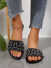 New Ramadan Fashion Slip-On Slippers For Women,Large Size, Summer Style Flat Sandals, Solid Color Closed Toe Flat Sandals, Plus Size Women Slippers, Flat Pearl Decor Outdoor Slippers, Odor Prevention Women Shoes, White Round Toe Slippers, Flat Sandals, Women Summer Beach Slippers, Black Shoes