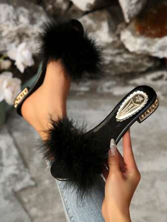 New Summer Furry Thick Heel Mules Sandals For Women, Fashionable & Comfortable Slide Sandals
