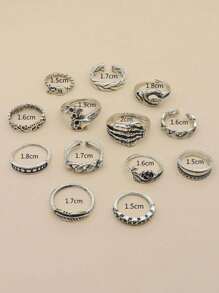 13pcs/Set Moon, Snake, Skull, Rose, Leaf, Star Adjustable Knuckle Rings Set, Women Party Gift - Antique Silver - View 3