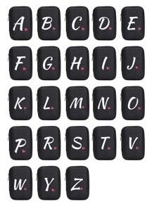 A-Z Letter & Heart Pattern Mini Portable Storage Pouch, Waterproof & Shockproof Digital Organizer Bag, Initial Monogram Phone Charger Cable Holder, Zipper Pouch For Wallet, Data Cable, Electronic Accessories, Suitable For Business, Travel, School, University, Office - Black - View 2