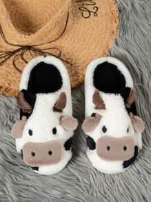 Cow Pattern Thermal Slippers, Warm Fluffy Anti-Slip Couple House Slippers, Winter - White - View 5