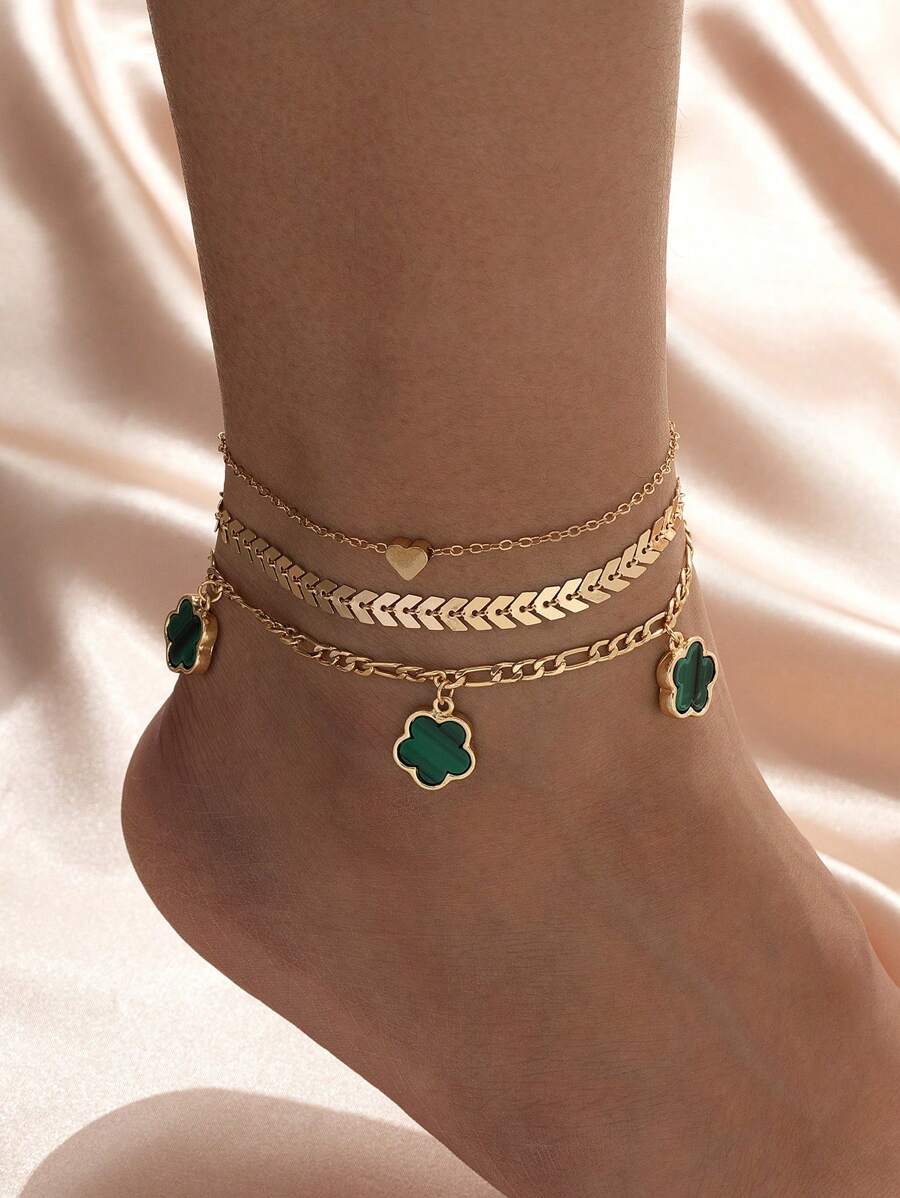 Bộ 3 hạt chuỗi, mặt dây chuyền hình cỏ ba lá, mặt trái tim, vòng chân phong cách bãi biển cho kỳ nghỉ hè của phụ nữ - màu xanh lá - Xem 1