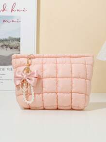 1 Uroczy wisiorek z kokardą z pereł + Modna torebka kopertówka w kratkę, swobodna torebka kopertówka, ciepła pluszowa torba puchowa, elastyczne szwy do przechowywania makijażu, pikowana torba, wygodna torba, zimowa torba do przechowywania makijażu, kosmetyczka, mini torba, mała kosmetyczka, akcesoria, stojak na kosmetyki, kosmetyczka, kosmetyczka, niezbędne rzeczy w podróży, akcesoria damskie, przybory podróżne, kosmetyczka, kosmetyczka, kosmetyczka