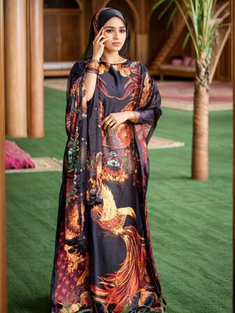 1pc Beach Accessories Plus Size Long Printed Chiffon Dress, Suitable For Beach Holiday, Modest Kaftan