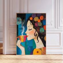 1 pieza, Pintura colgante de lienzo, Pintura decorativa enmarcada, Póster, Arte de pared, Pintura de lienzo abstracta de una chica del café, Estilo de arte decorativo moderno, Listo para colgar en la sala de estar, dormitorio, oficina en casa, decoración de aula