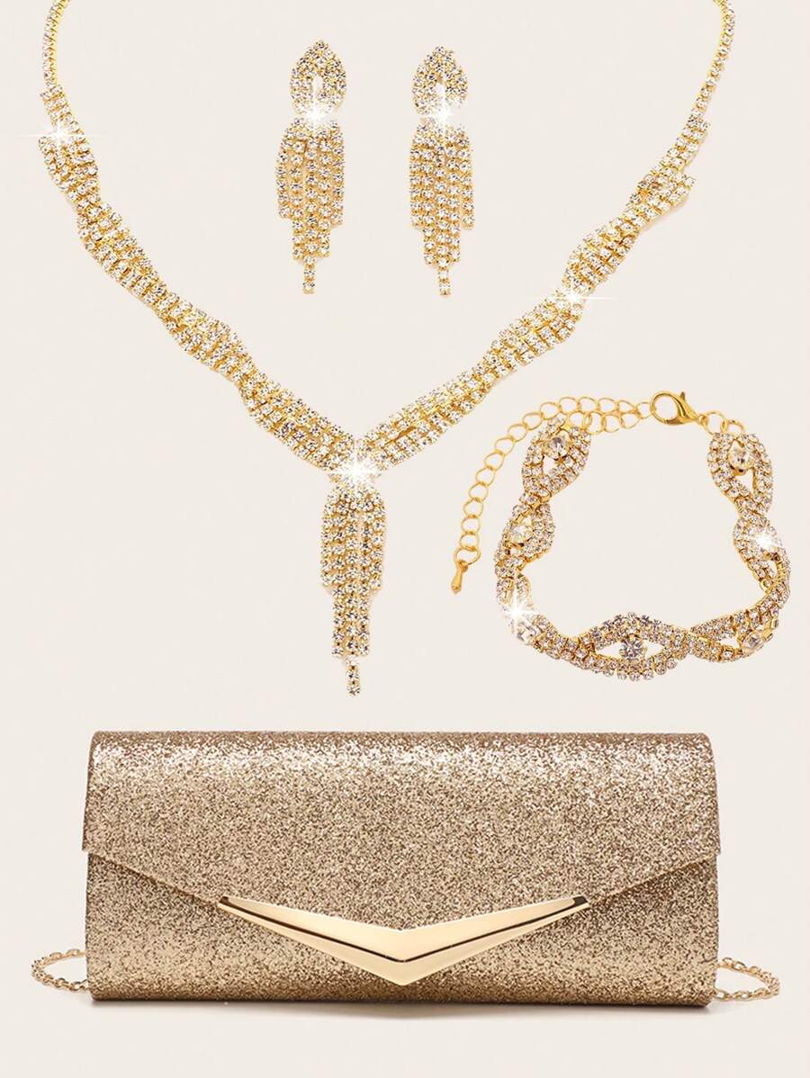 Rhinestone Jewelry Rhinestone Jewelry Set Sparkling Necklace Earrings Bracelet Set Elegant Women's Evening Dress Handbag Envelope Bag Handbag Sparkling Glitter Women's Handbag V-Shaped Metal Flip Bag Wedding Party Handbag Cocktail Party Wedding New Wallet Banquet Bag Evening Dress Women's Bridal Evening Dress Ball - Gold - View 1