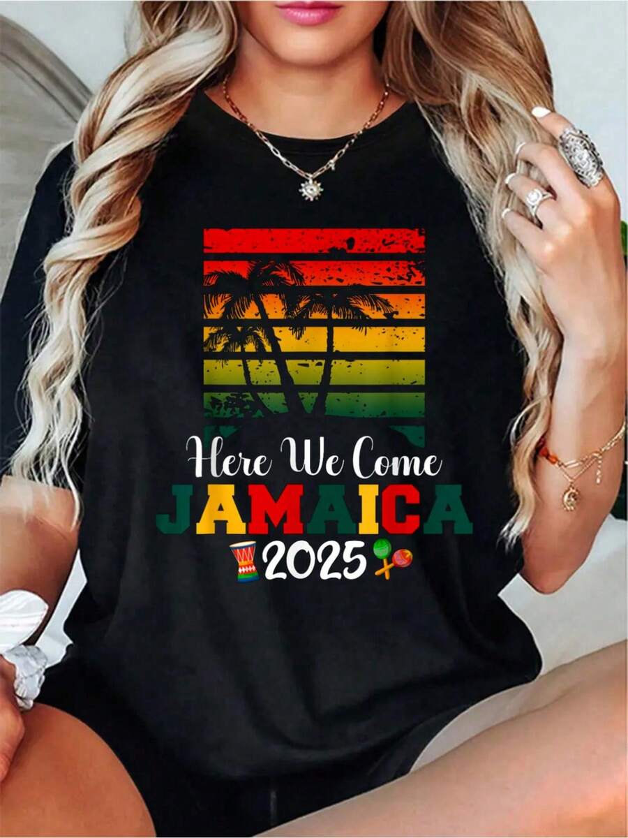 Jamaica Trip 2025 Here We Come Beach Summer Vacation Retro T-ShirtWomen's Casual Short Sleeve Crew Neck T-Shirt For Spring & Summer