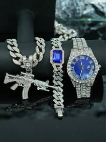 طقم مجوهرات شخصي للرجال من سبائك المعادن مرصع بالراين ستون 3D على شكل بندقية، قلادة، سوار، ساعة هدية، ملحقات أنيقة على الطراز الأوروبي والأمريكي لموسيقى الهيب هوب، علبة هدايا فاخرة