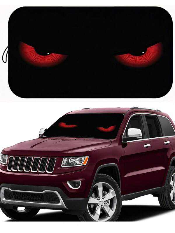 1 pieza Parasol de parabrisas frontal retráctil universal de poliéster con diseño de ojo de diablo rojo, protección UV, plegable para mantener el vehículo talla grande fresco, 59 pulgadas x 27.5 pulgadas, apto para la mayoría de SUV, sedanes y camionetas