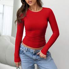 Elegant & Versatile Women Plain Crew Neck Long Sleeve Ruched Fitted Slim Fit T-Shirt,Suitable For Summer And Autumn/Winter Seasons - 紅色 - 查看 2