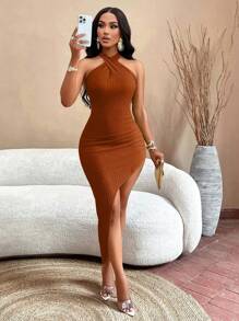 AIJ Amarilo Women's Summer Solid Color Sexy Cross Halterneck Open Back Off-The-Shoulder Flared High Slit Tight Hip Dress - Mocha Brown - View 4