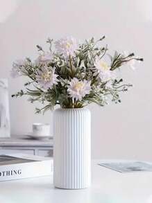 1pc Modern Style White Striped Plastic Vase - Ceramic Vase Imitation, Suitable For Fresh Flowers And Home Decor, Perfect Choice For Home And Cafe Decor, Striped Design, Simple Decorative Flower Arranging Item, Living Room