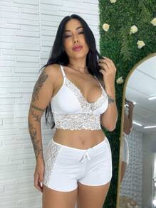 babydoll  mila  feminino com detalhes em renda linha noite pijama curto roupa de dormir