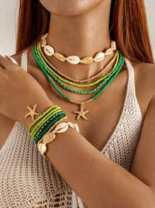 imoli 2pcs/Set Bohemian Beach Style Colorful Beaded Handmade Starfish Necklace & Bracelet Jewelry Set For Women, Party Gift (Random Color Beads, Handmade Chain Length & Seashell Size May Vary) - Multicolor - View 16