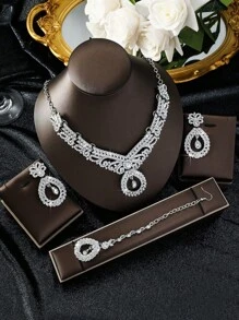 Juego de joyería de 4 piezas, lujoso y elegante, con cristales, que incluye aretes, collar, accesorio para el cabello, adecuado para novia de Dubái, fiesta de boda - conjunto de joyas - Ver 6