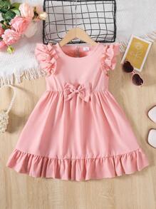 Girls Summer Dress, Young Girl Butterfly Puff Sleeve Splice Dress Suitable For 4-7 Years Old, Outdoor Daily Wear