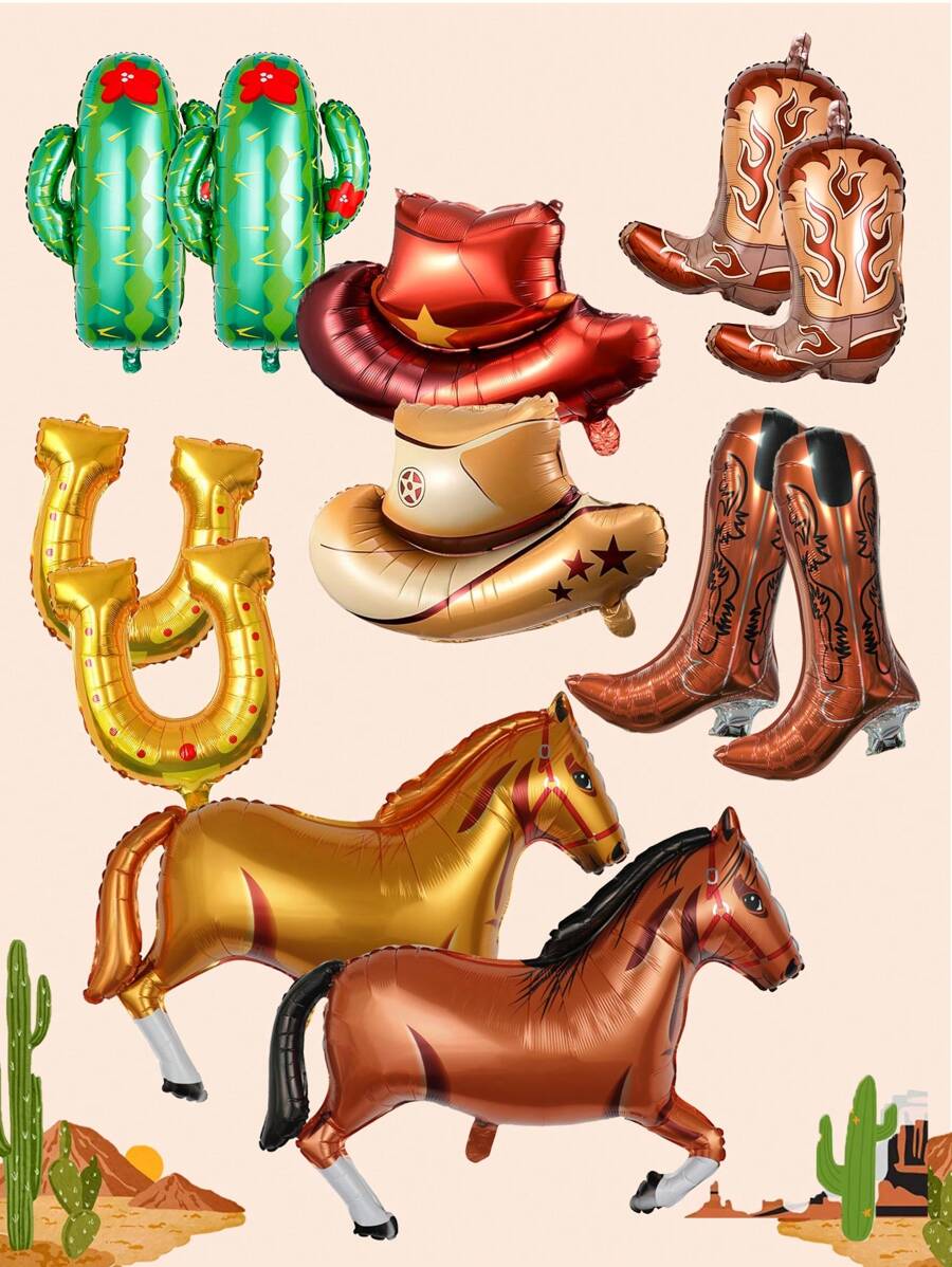 Set de 6/12 globos de temática del oeste, incluye globos con forma de caballos, sombreros vaqueros marrones, botas, globos con forma de cactus, globos de lámina con forma de herradura, adecuado para fiestas temáticas del oeste salvaje, decoraciones de fiestas de cumpleaños, fiestas temáticas de primer rodeo, despedidas de soltera vaquera, decoración de animales de granja - Multicolor - Ver 1