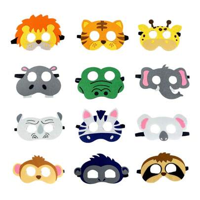 12pcs Safari Jungle Animal Felt Masks, Wild Animal Theme Party Supplies For Birthday, Festival,Cosplay