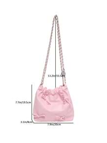 1pc Solid Color Bow Decor PU Leather Women's Shoulder Bag, Fashionable Open-Top Handbag With Chain And Ruched Design, Suitable For Women, Girls, Students, Travel, Party, Daily Use - Pink - View 2