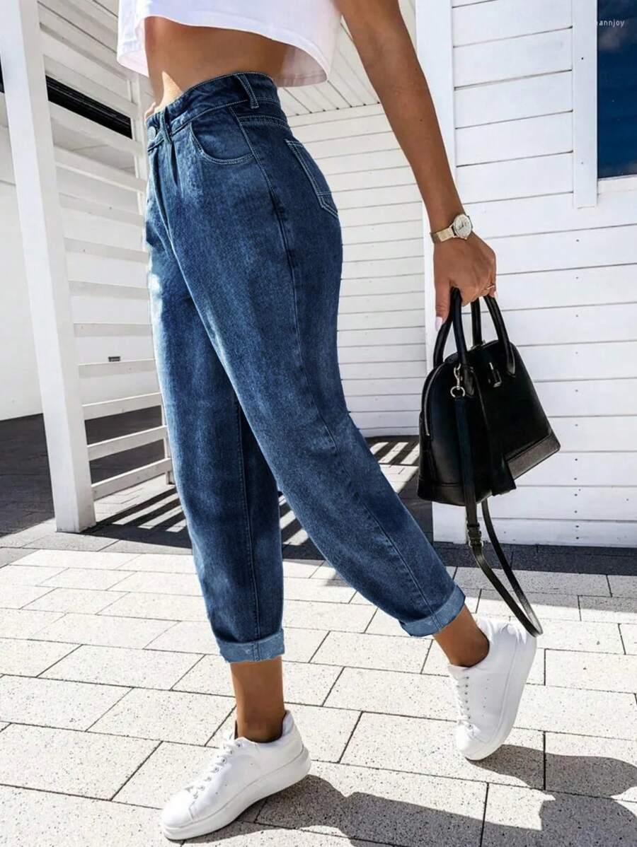 Jeans estilo mom fit con puño en el tobillo - Azul - Ver 1