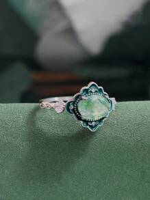 1 件蕾丝钻石四爪天然西洋菜玛瑙宝石梦幻戒指 S925 或 925 纯银复古优雅可调节戒指，适合日常佩戴、派对、情人节礼物 - 花邊菱形四爪戒指 - 查看 3