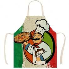 1pc Chef Pizza Pattern Linen Apron, Creative And Fun Stylish Printing House Cleaning Apron, Waterproof Oil Easy To Clean Kitchen Cooking Grill, Creative Home Apron, Work Uniform - Multicolor - View 2