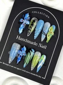 10 piezas de puntas de uñas afiladas y con relieve 3D en degradado de color azul 'dopamina', de estilo Y2K, adecuadas para uñas postizas de damas y niñas