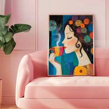 1 pieza, Pintura colgante de lienzo, Pintura decorativa enmarcada, Póster, Arte de pared, Pintura de lienzo abstracta de una chica del café, Estilo de arte decorativo moderno, Listo para colgar en la sala de estar, dormitorio, oficina en casa, decoración de aula