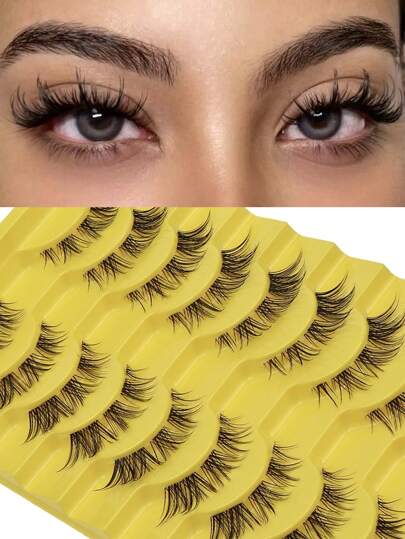 10 对自然卷曲猫眼透明茎假睫毛，适合角色扮演，适合初学者条状睫毛、睫毛、睫毛、假睫毛