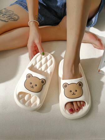 女士卡通熊软底防滑室内拖鞋，厚底不起皱防水透气休闲软底家居一脚蹬凉鞋，男女通用户外旅行沙滩鞋