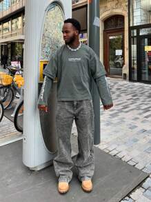 Men's Fashionable Casual Pocket Embossed Pants, Young Street Style College Sports Loose Straight Wide Leg Versatile Denim Jeans